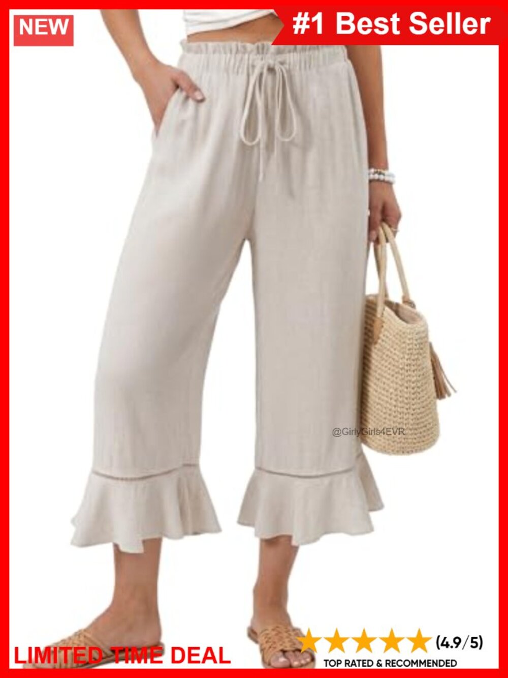 Linen Blend Wide Leg Ruffle Hem Capri Pants with Pockets